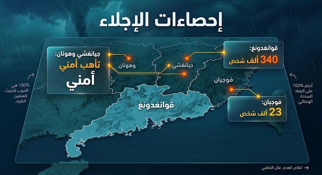 إنفوجرافيك يوضح إحصاءات الإجلاء في أقاليم جنوب الصين مثل قوانغدونغ وفوجيان بسبب الإعصار