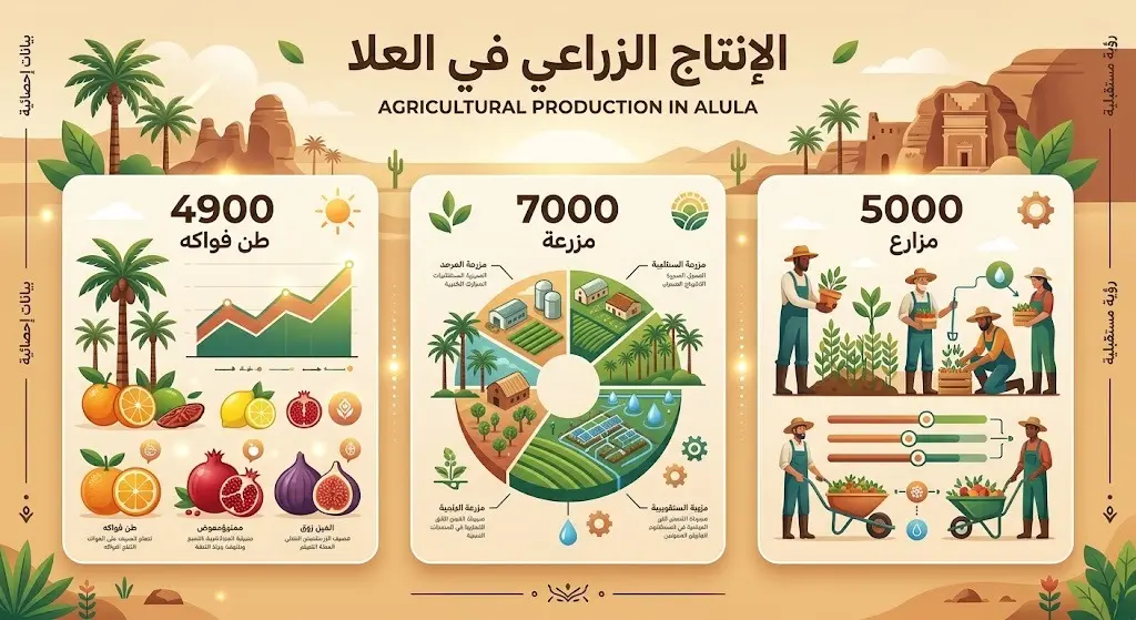 إنفوجرافيك يستعرض إحصاءات الإنتاج الزراعي في العلا، يوضح حجم إنتاج الفواكه الصيفية وعدد المزارع والكوادر العاملة.