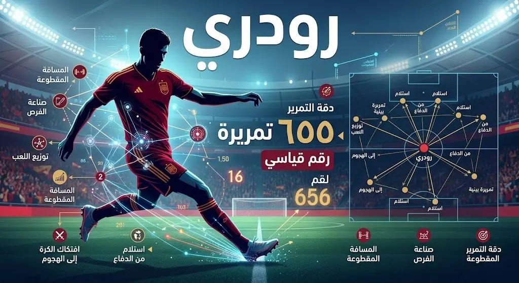 إنفوجرافيك رياضي يبرز رقم رودري القياسي بإتمام 655 تمريرة في كأس العالم 2026