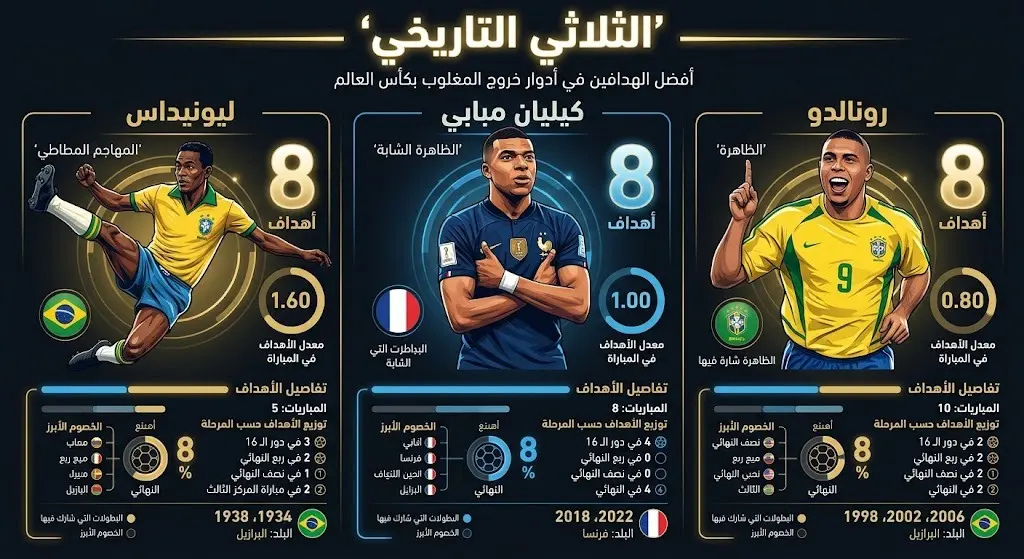 إنفوجرافيك يقارن بين الثلاثي مبابي ورونالدو وليونيداس من حيث الأهداف والمباريات في الأدوار الإقصائية.
