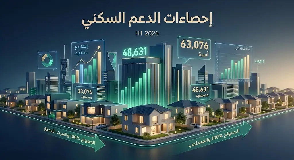 إنفوجرافيك عصري يوضح إحصاءات الدعم السكني للنصف الأول من عام 2026، متضمناً أعداد الأسر المستفيدة والمنتقلة لمنازلها الأولى بتصميم ثلاثي الأبعاد.
