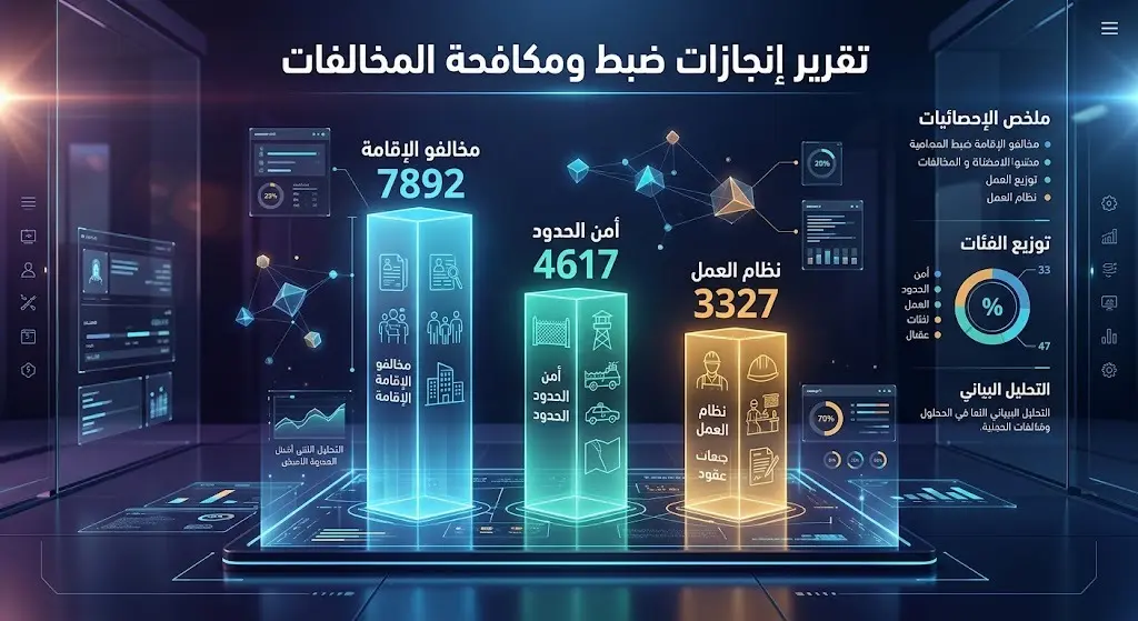 إنفوجرافيك بياني يوضح إحصاءات المخالفين المضبوطين وتوزيعهم حسب أنظمة الإقامة والعمل وأمن الحدود.