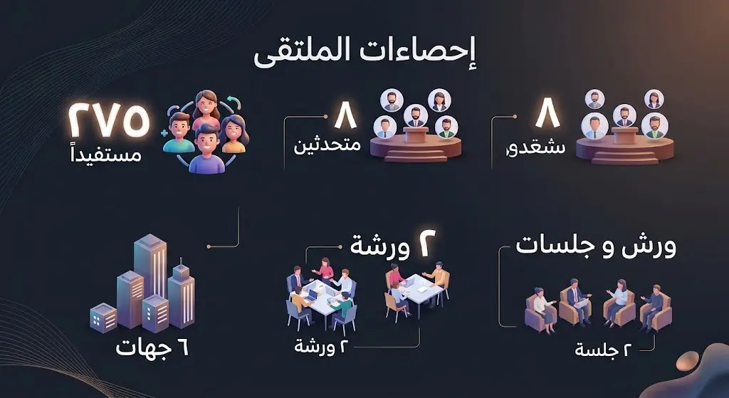 إنفوجرافيك احترافي يوضح إحصاءات ملتقى المسؤولية الاجتماعية مبرزاً أعداد المستفيدين والجلسات والجهات المشاركة.