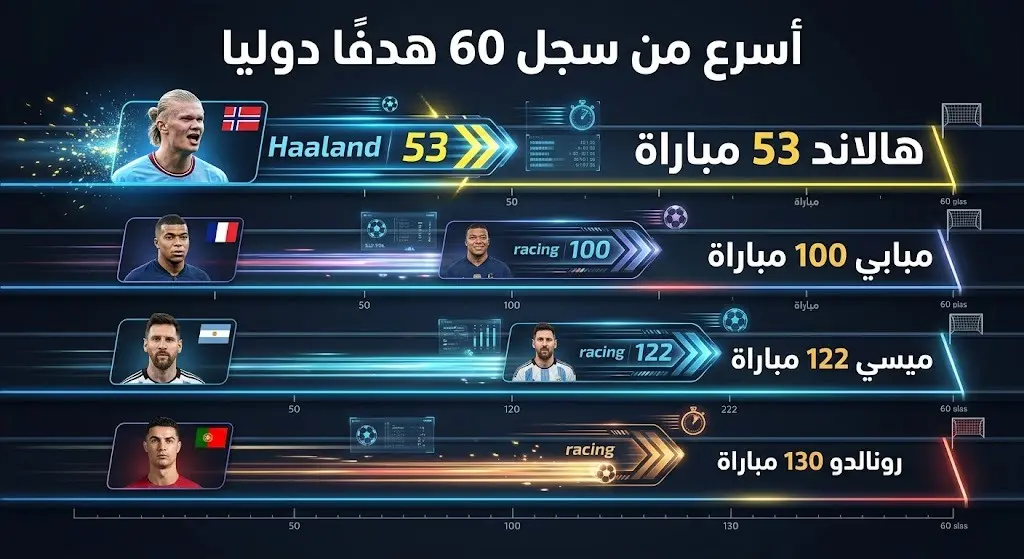 إنفوجرافيك بياني يقارن عدد المباريات التي احتاجها أبرز لاعبي العالم للوصول إلى 60 هدفاً دولياً، مبرزاً تفوق هالاند الكاسح.