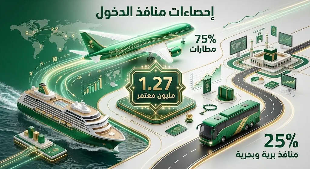إنفوجرافيك يوضح توزيع توافد المعتمرين، حيث وصل 75% عبر المطارات و25% عبر المنافذ البرية والبحرية.