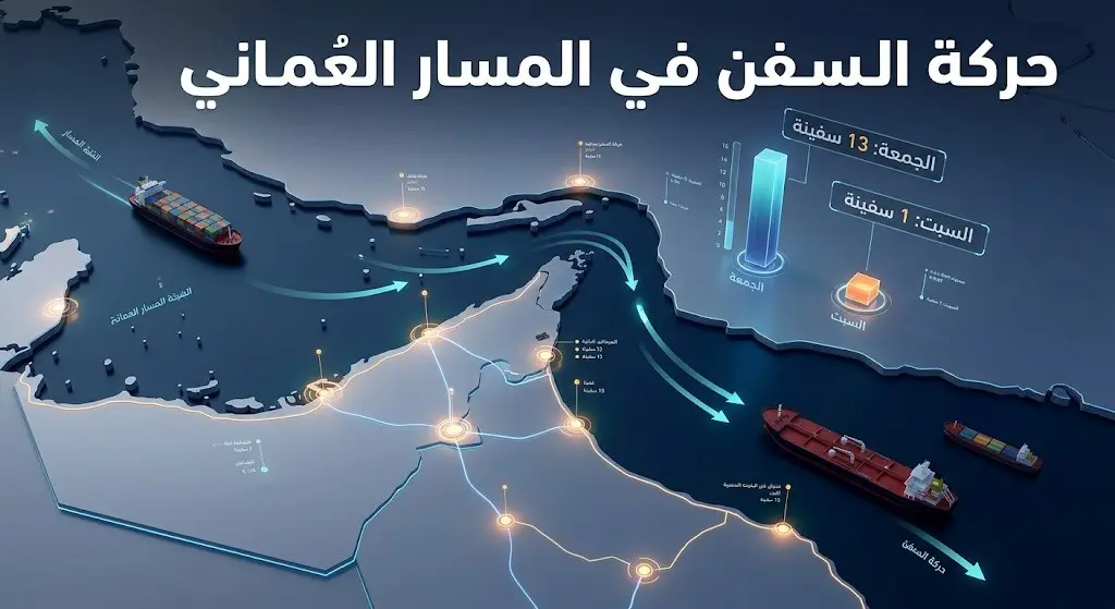 إنفوجرافيك بياني يوضح التراجع الحاد في أعداد السفن العابرة للمسار العماني بين يومي الجمعة والسبت.