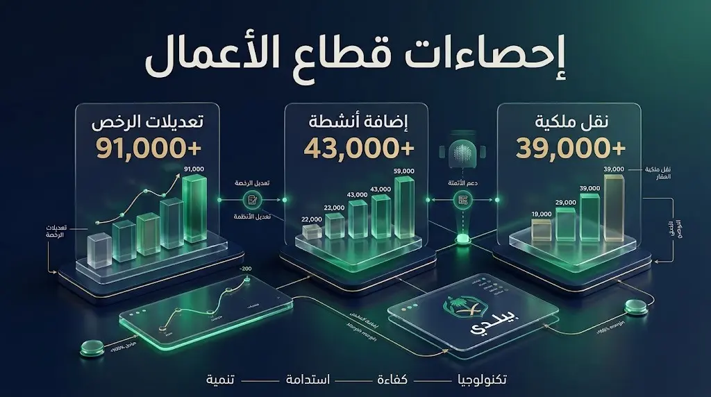 إنفوجرافيك بياني يعرض إحصاءات خدمات قطاع الأعمال في السعودية، مبرزاً أعداد طلبات تعديل الرخص، وإضافة الأنشطة، ونقل الملكية خلال النصف الأول من عام 2026.