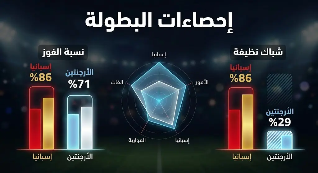 تصميم بياني يقارن الإحصاءات الفنية لمنتخبي إسبانيا والأرجنتين في كأس العالم 2026، مبرزاً تفوق إسبانيا الدفاعي ونسبة الانتصارات.
