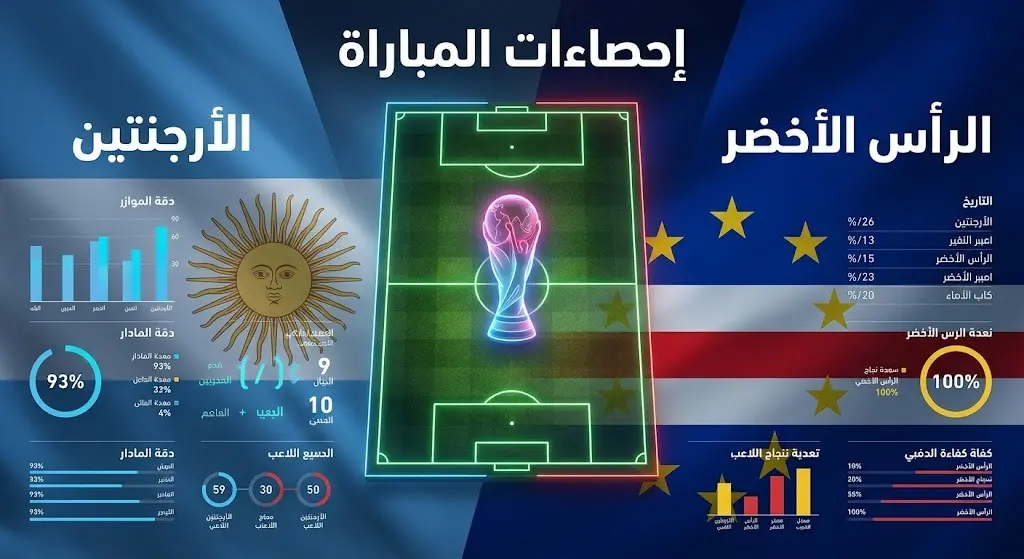 إنفوجرافيك رياضي يستعرض إحصاءات مقارنة بين منتخبي الأرجنتين والرأس الأخضر قبل مباراتهما في كأس العالم 2026، يبرز تفوق الدفاع الأرجنتيني والفاعلية الهجومية للرأس الأخضر.