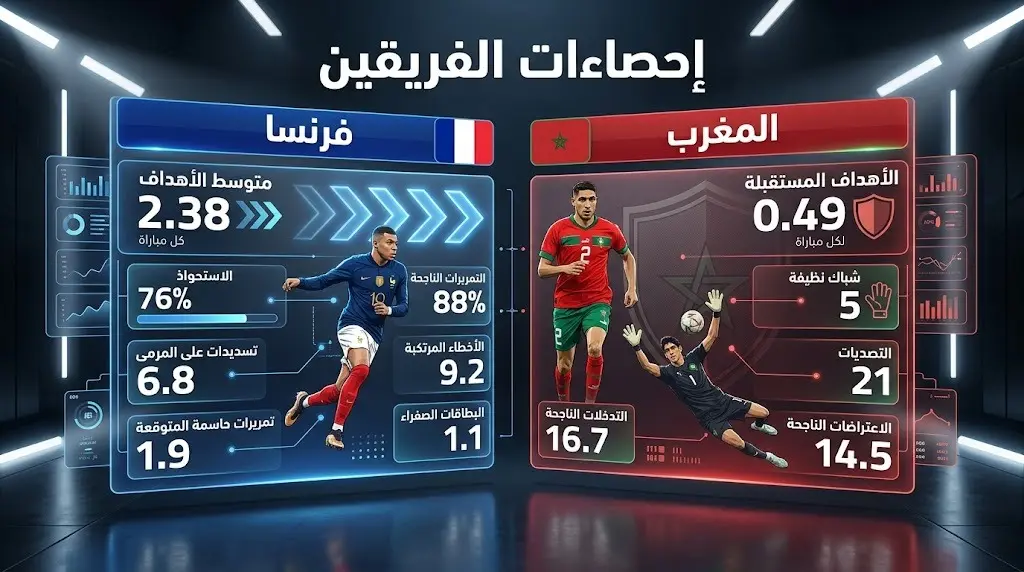 تصميم بياني يقارن بين الإحصاءات الفنية والرقمية لمنتخبي المغرب وفرنسا، مع التركيز على القوة الهجومية لفرنسا والصلابة الدفاعية للمغرب.
