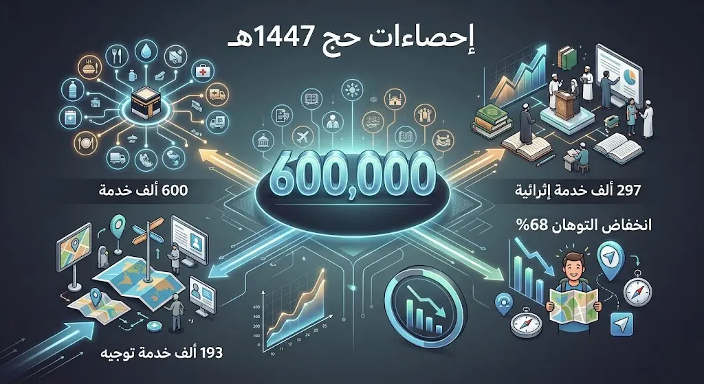 إنفوجرافيك احترافي يعرض إحصائيات موسم حج 1447هـ وتوزيع الخدمات المقدمة عبر مراكز نسك عناية.