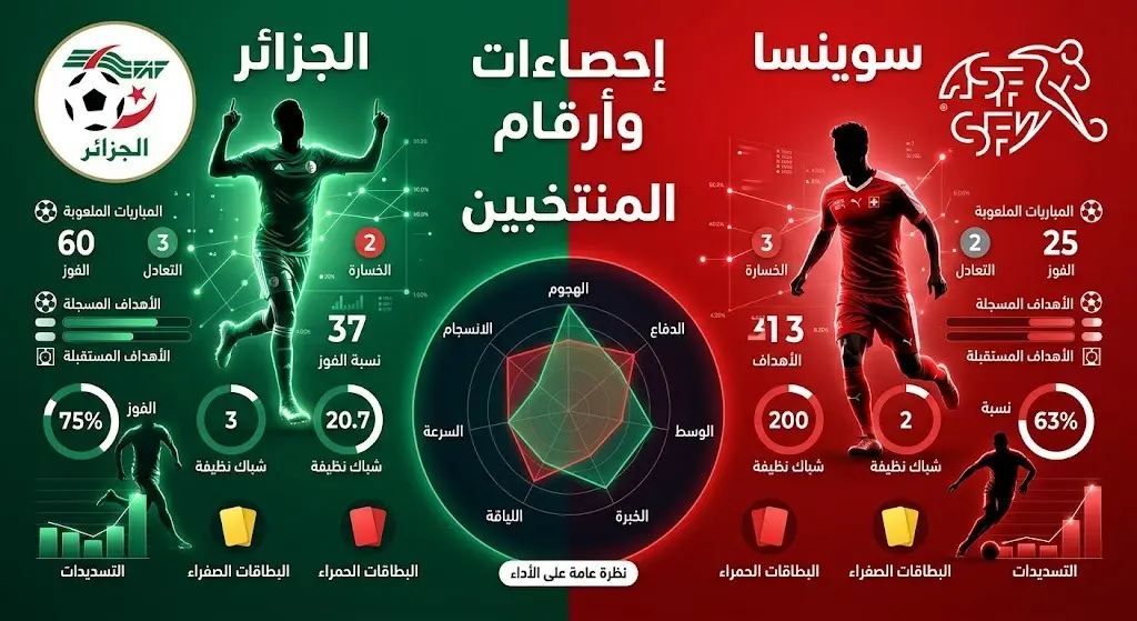 إنفوجرافيك مقارنة تفصيلية لإحصاءات وأرقام منتخبي الجزائر وسويسرا في المباريات السابقة.