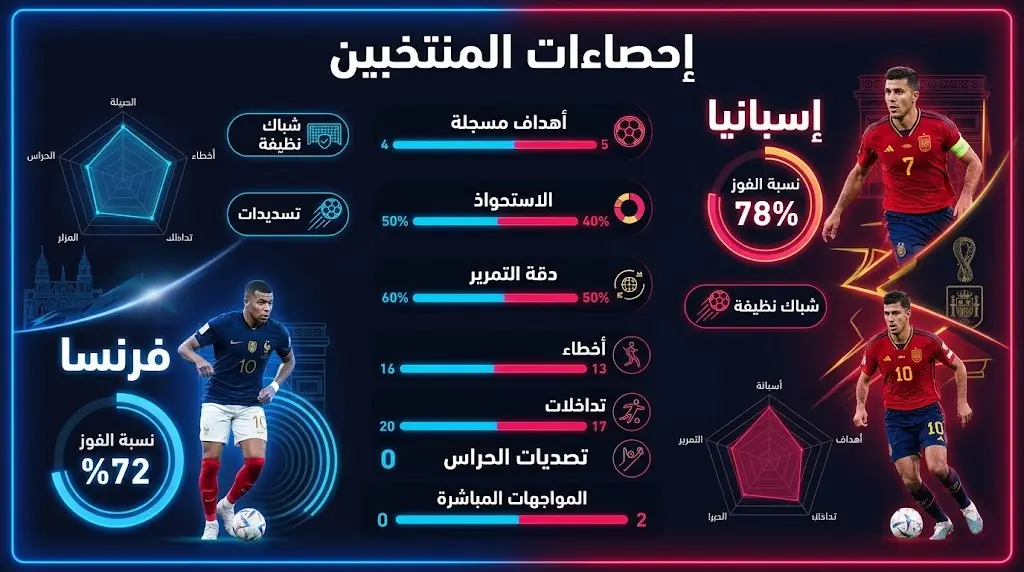تصميم بياني إحصائي يقارن أرقام منتخبي فرنسا وإسبانيا قبل مواجهتهما في نصف نهائي كأس العالم 2026، متضمناً نسب الفوز والشباك النظيفة.