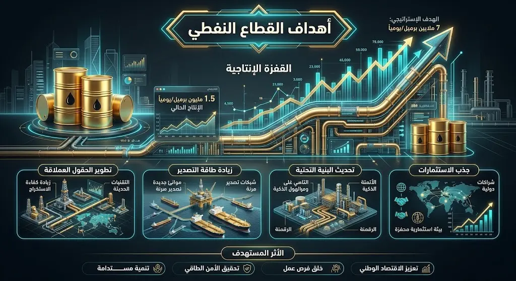 إنفوجرافيك بياني يستعرض إحصاءات صادرات النفط العراقي الحالية والهدف الاستراتيجي لرفع الإنتاج.