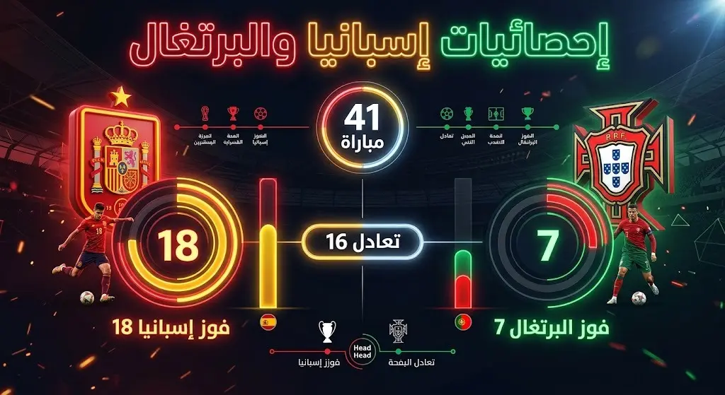 إنفوجرافيك يستعرض الإحصائيات التاريخية لمواجهات إسبانيا والبرتغال، يوضح عدد الانتصارات والتعادلات للمنتخبين.