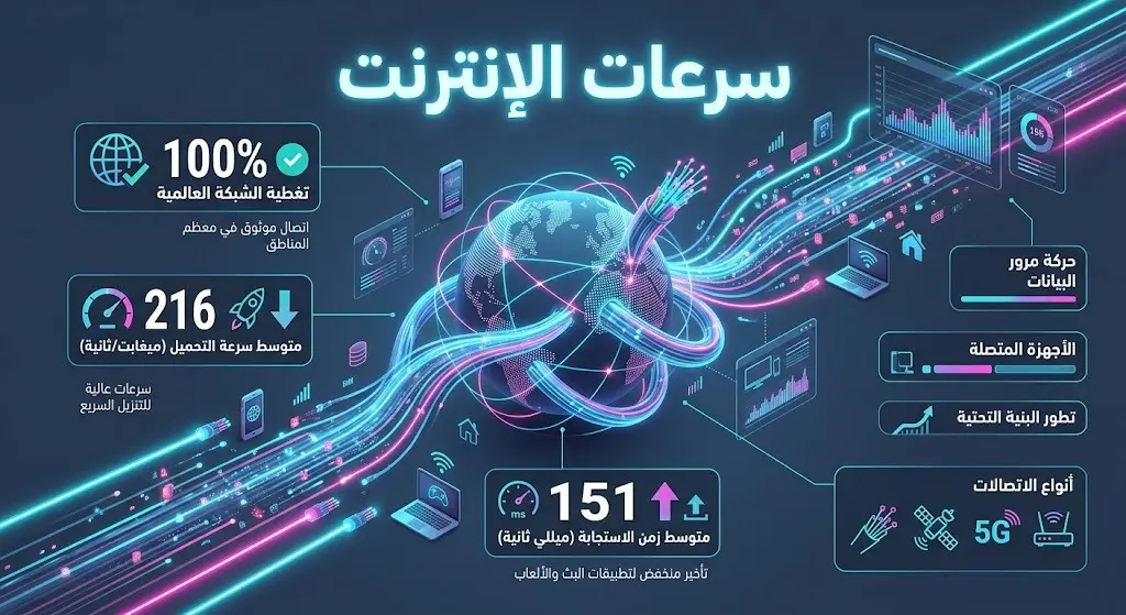 لوحة معلومات تفاعلية تستعرض إحصائيات البنية التحتية للإنترنت بنسبة تغطية 100% وسرعات نقل بيانات قياسية للإنترنت الثابت والمتنقل.