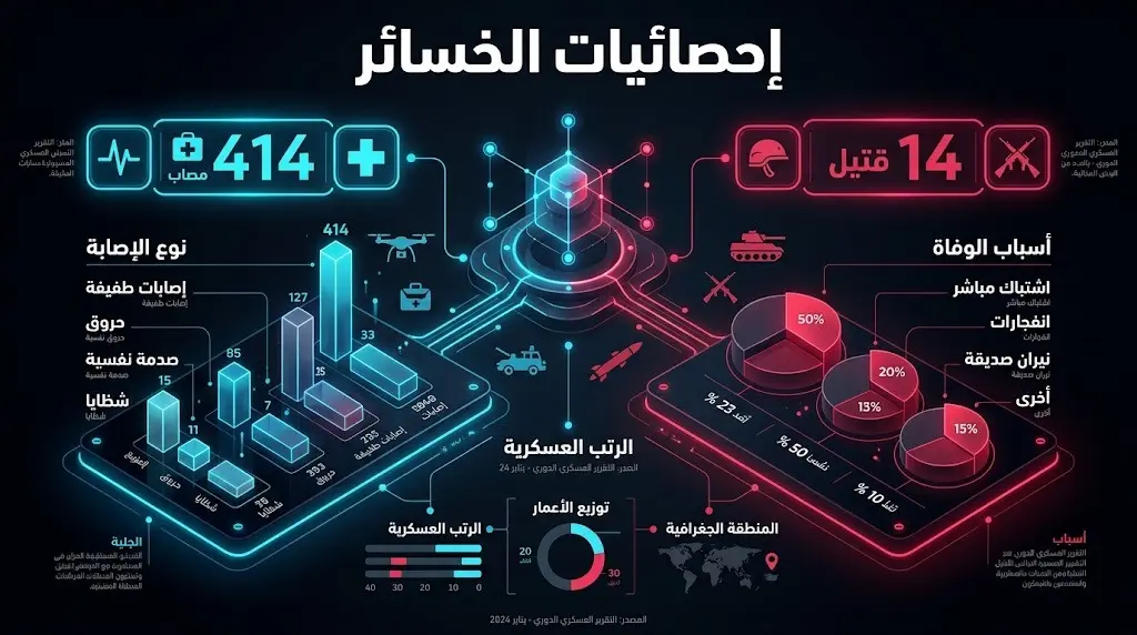 إنفوجرافيك بخلفية داكنة وتصميم عصري يعرض إحصائيات الخسائر العسكرية، موضحاً أعداد القتلى والمصابين بنصوص عربية واضحة.