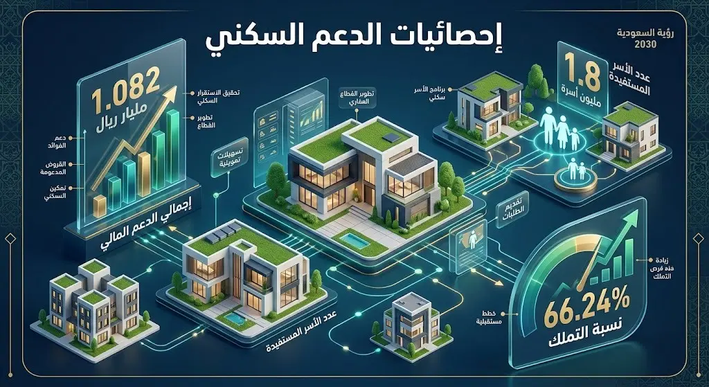 إنفوجرافيك يوضح إحصائيات الدعم السكني وحجم المبالغ المودعة ونسبة تملك المواطنين للمساكن في السعودية.
