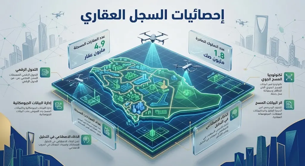 إنفوجرافيك يستعرض إحصائيات السجل العقاري، مثل عدد العقارات الجاهزة والصكوك المصدرة، مع إبراز تقنيات المسح بالطائرات بدون طيار.