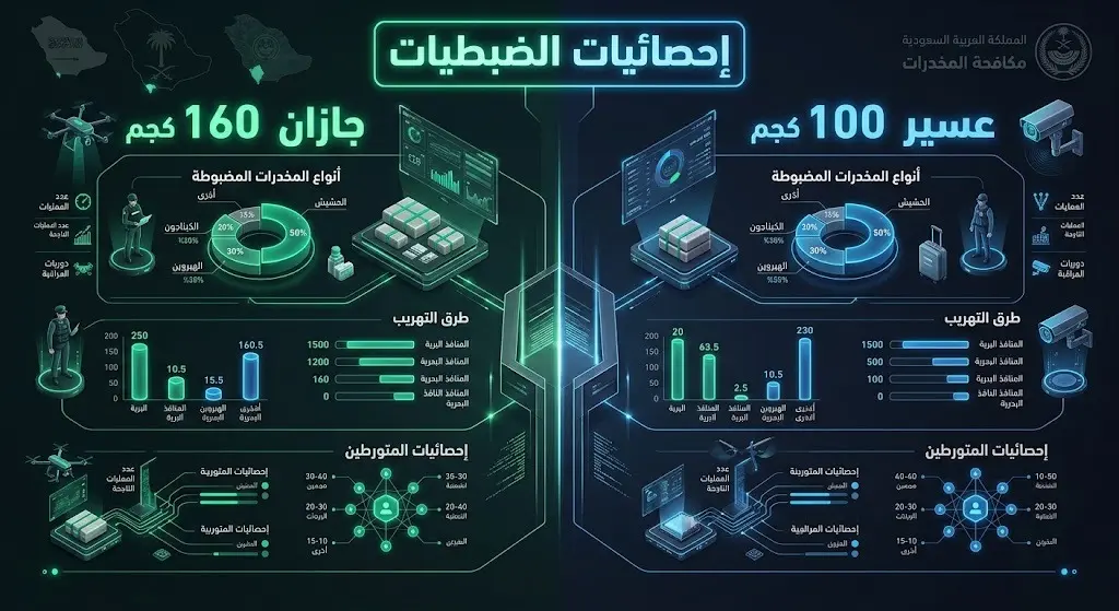 تصميم إنفوجرافيك احترافي يوضح إحصائيات مضبوطات حرس الحدود من نبات القات وأعداد المخالفين في منطقتي جازان وعسير