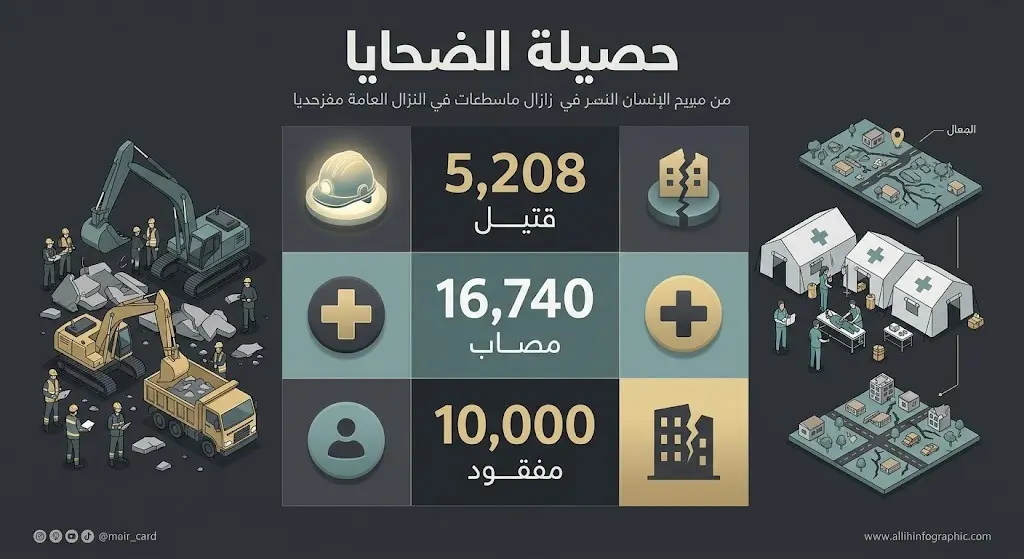تصميم بياني يستعرض إحصائيات ضحايا زلزال فنزويلا، مبرزاً أعداد القتلى والمصابين والمفقودين.