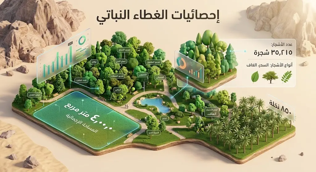 إنفوجرافيك بياني يوضح إحصائيات الغطاء النباتي في متنزه الملك فهد بنجران، متضمناً المساحة الإجمالية وأنواع وأعداد الأشجار.