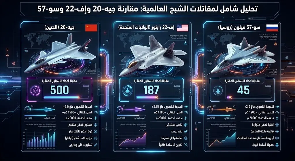 إنفوجرافيك يقارن أعداد المقاتلات الشبحية عالمياً، مبرزاً تفوق أعداد مقاتلات J-20 الصينية على F-22 الأميركية وSu-57 الروسية