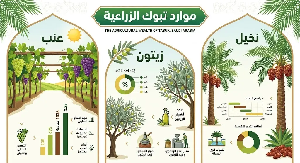 إنفوجرافيك بتصميم حديث يوضح الإحصائيات الشاملة للموارد الزراعية في منطقة تبوك، متضمناً أعداد أشجار العنب والزيتون والنخيل.