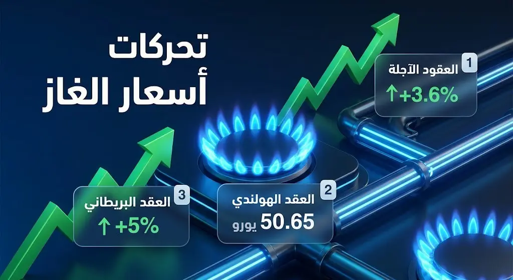 إنفوجرافيك مالي يوضح إحصائيات الارتفاع في أسعار الغاز الطبيعي والعقود الآجلة الأوروبية والبريطانية بتصميم عصري.