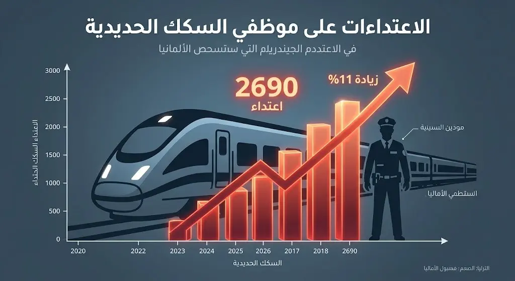 إنفوجرافيك احترافي يعرض إحصائيات الاعتداءات على موظفي السكك الحديدية في ألمانيا، مشيراً إلى تسجيل 2690 اعتداء بزيادة سنوية بلغت 11%.