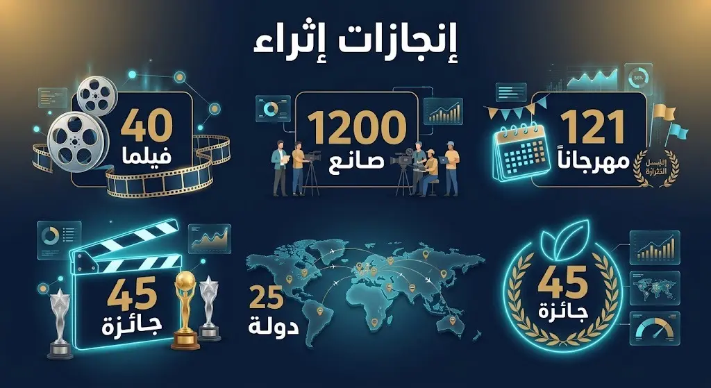 إنفوجرافيك يستعرض إحصائيات وإنجازات صندوق إثراء لدعم الأفلام بما في ذلك عدد الأفلام وصناعها والجوائز المكتسبة.