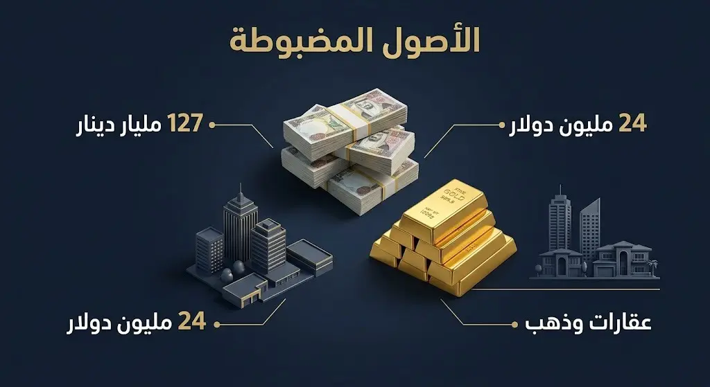 إنفوجرافيك بياني احترافي يوضح إجمالي الأصول والممتلكات المصادرة التي تشمل مليارات الدنانير وملايين الدولارات بالإضافة إلى العقارات والذهب