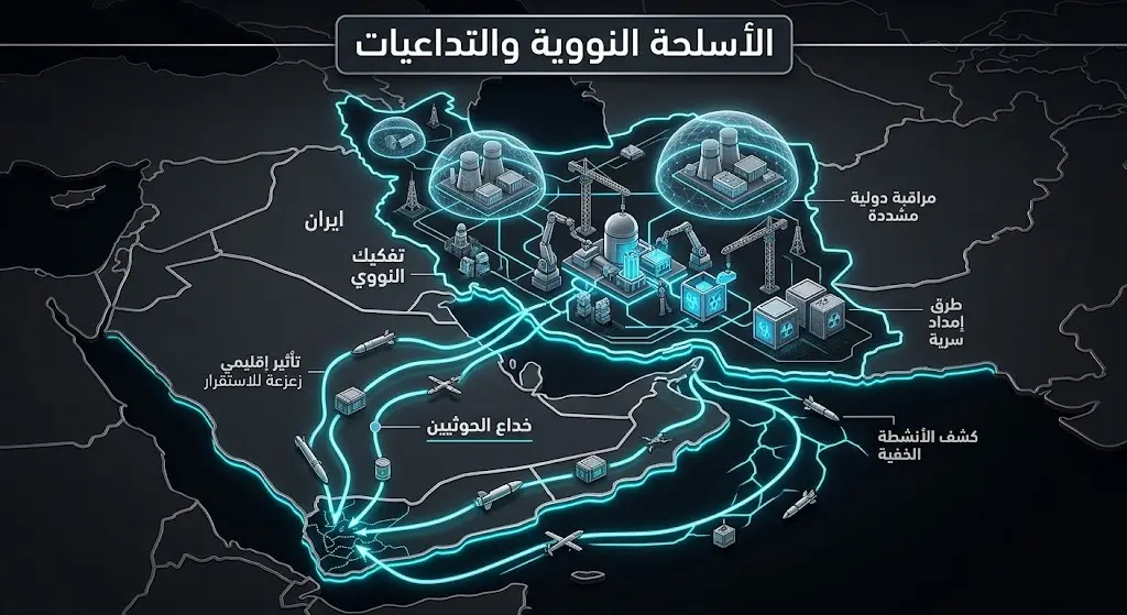 تصميم تحليلي يستعرض مساعي الولايات المتحدة لتفكيك البرنامج النووي الإيراني وتأثير ذلك على تقليم أظافر الأذرع الإقليمية كالحوثيين.