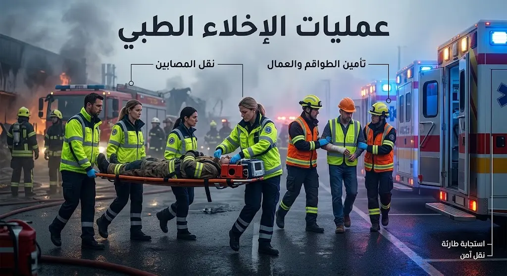 مشهد تعبيري لعمليات الإخلاء الطبي وتقديم الإسعافات الأولية لرجال الإطفاء والعمال المصابين في موقع الحادث.