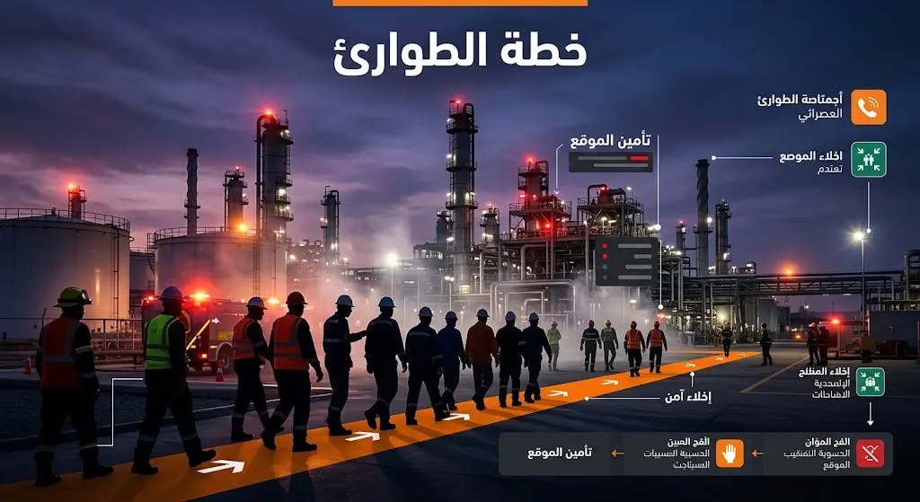 تصميم احترافي يدمج مشهداً لإخلاء العاملين من منشأة نفطية مع رسوم بيانية توضح خطة الطوارئ الميدانية لتأمين الموقع.