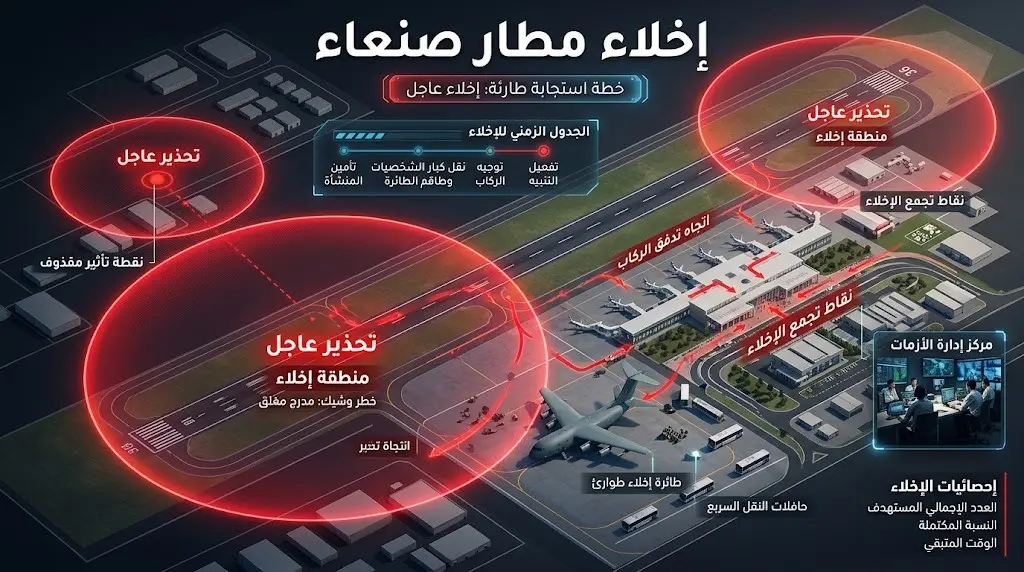 تصميم إنفوجرافيك وتعبيري يوضح النداء العاجل لإخلاء مطار صنعاء الدولي ومحيطه مع إشارات تحذيرية باللون الأحمر