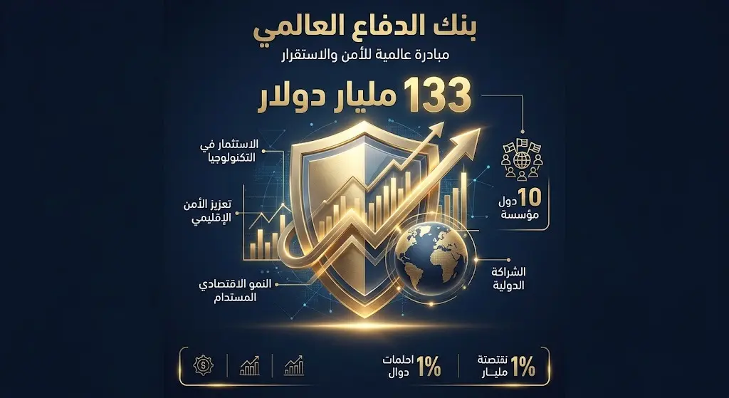 إنفوجرافيك مالي يوضح القيمة المستهدفة لبنك الدفاع العالمي والمقدرة بـ 133 مليار دولار بمشاركة 10 دول مؤسسة.