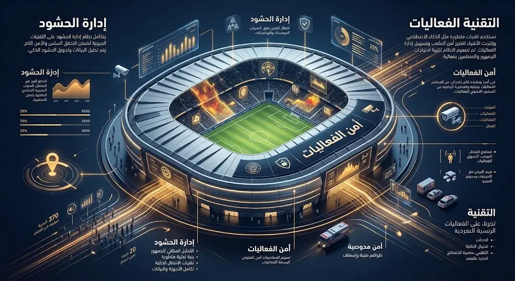 إنفوجرافيك ثلاثي الأبعاد يجسد المنظومة التقنية الذكية لإدارة الحشود وتأمين الفعاليات الرياضية داخل الملاعب الحديثة.