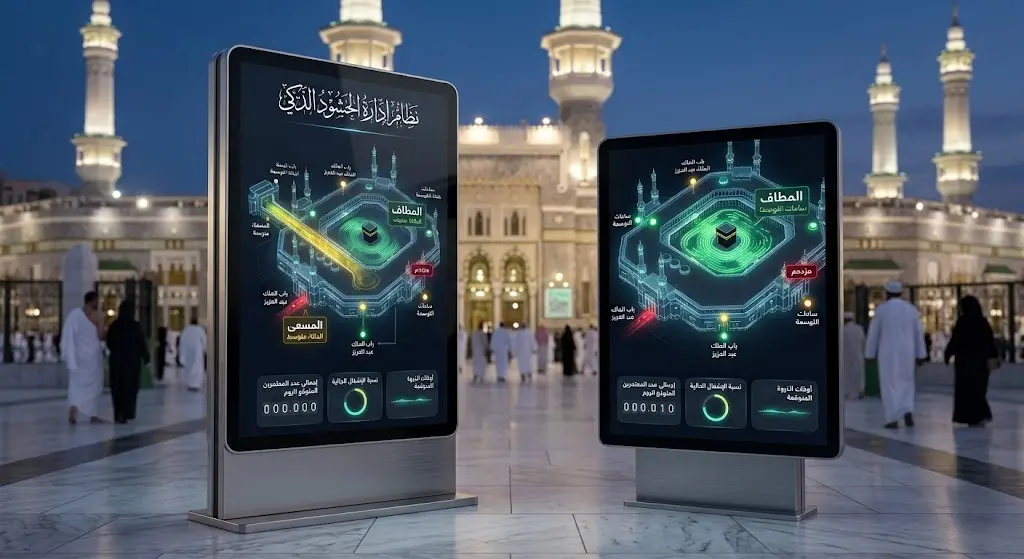 شاشة إلكترونية حديثة تعرض مؤشرات لونية لحالة الكثافة في المطاف والمسعى عند أحد أبواب المسجد الحرام.