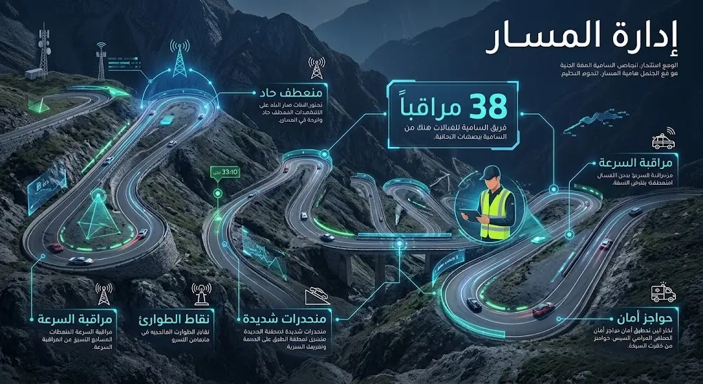 رسم توضيحي لمسار عقبة المحمدية الجبلي مع إبراز دور 38 مراقباً في تأمين وإدارة السباق.