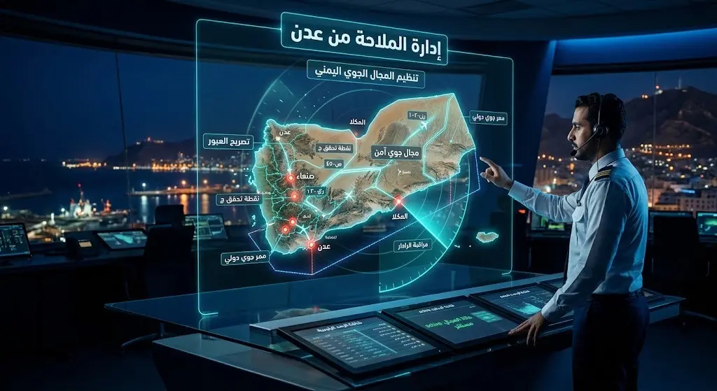 تصميم ثلاثي الأبعاد لخريطة تفاعلية تظهر إدارة الملاحة الجوية من العاصمة المؤقتة عدن، مع إبراز مسارات الطيران ونقاط المراقبة الذكية.