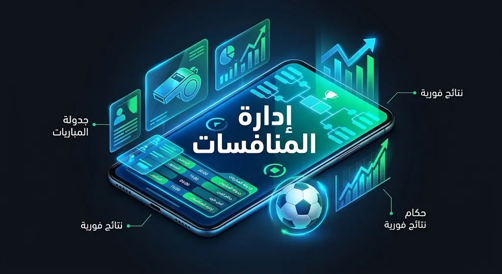 رسم معلوماتي يوضح استخدام المنصات الرقمية الحديثة في إدارة منافسات وبطولات الأحياء الرياضية وجدولة مبارياتها.