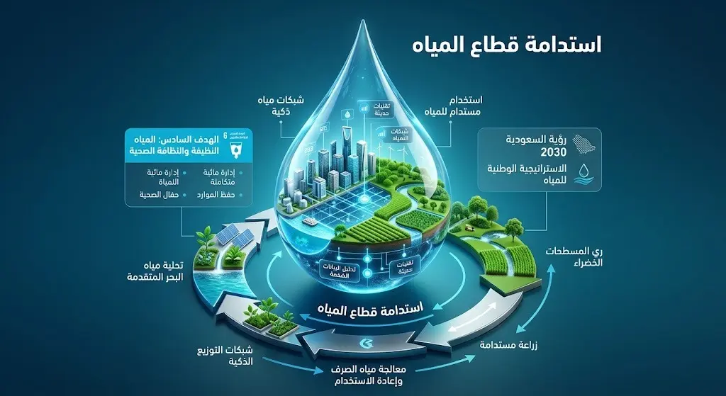 تصميم إنفوجرافيك إبداعي يوضح آليات إدارة الموارد المائية واستدامتها في السعودية مع التركيز على التقنيات الحديثة والهدف السادس.