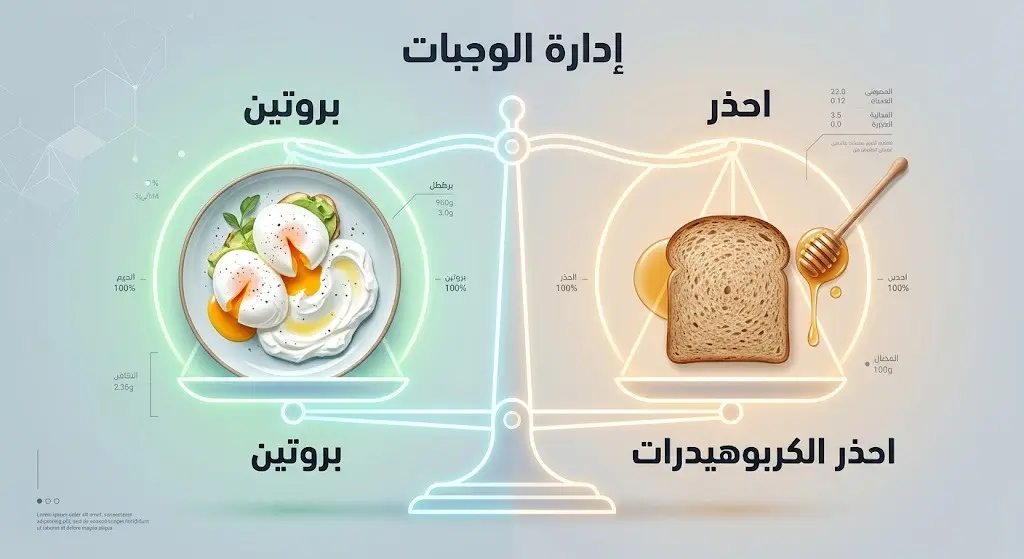 تصميم مقارنة بصرية يبرز أهمية التركيز على البروتينات والحذر من الإضافات الكربوهيدراتية كالخبز والعسل.