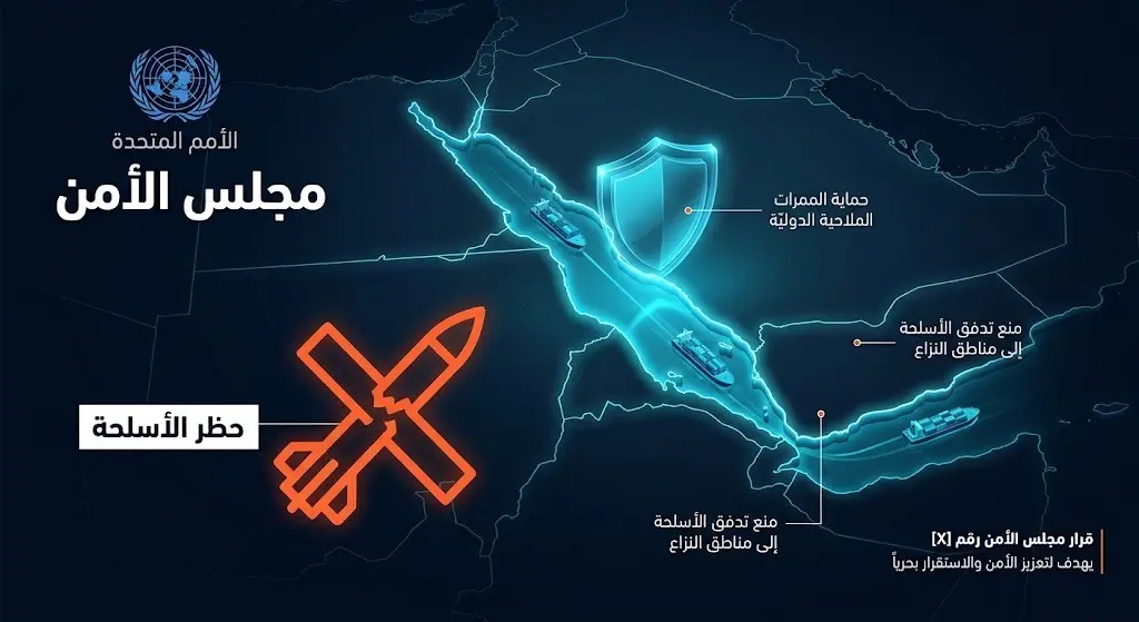 تصميم معلوماتي (إنفوجرافيك) احترافي يجسد تحركات مجلس الأمن الدولي والمطالبات بحظر الأسلحة لحماية خطوط الملاحة في البحر الأحمر، ترافقه نصوص عربية توضيحية.