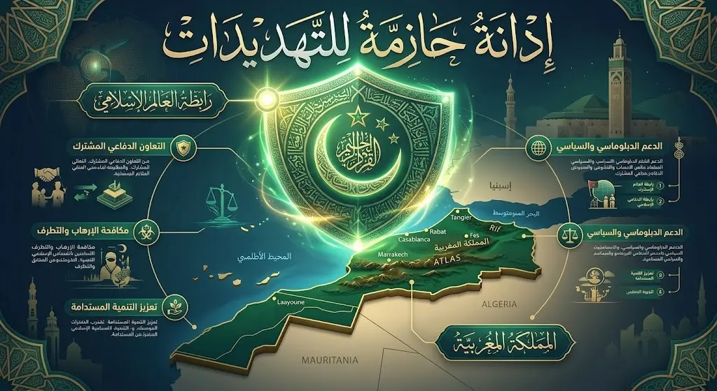 تصميم فني يبرز الإدانة الإسلامية للتهديدات والتضامن التام لحماية أمن المغرب.