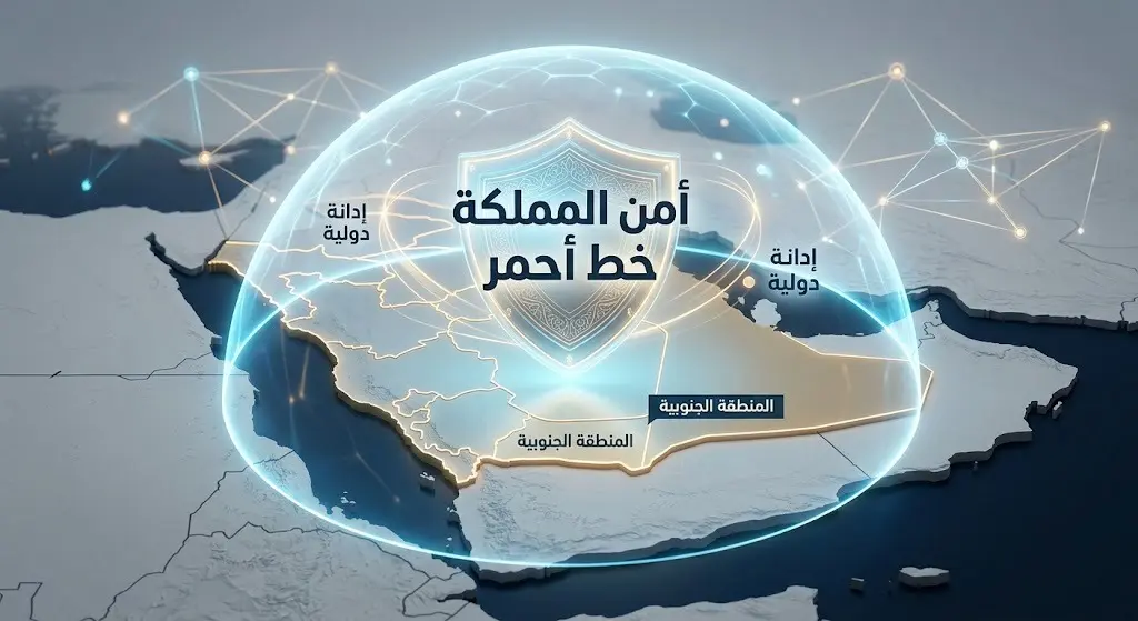 تصميم إنفوجرافيك يوضح خريطة المنطقة الجنوبية للمملكة العربية السعودية مع درع رمزي يعبر عن الحماية والإدانة الدولية للاعتداءات.
