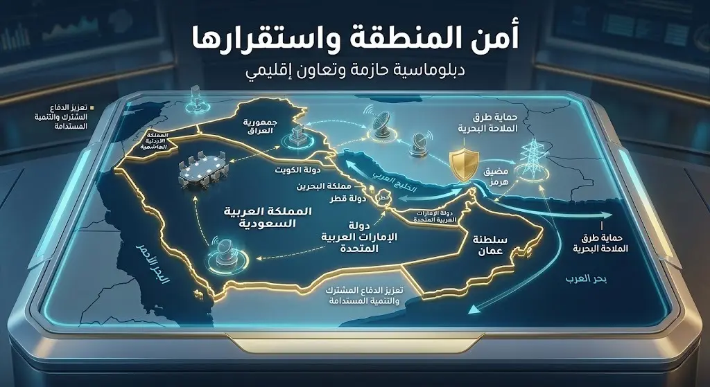 تصميم جيوسياسي إبداعي يبرز منطقة الخليج العربي ومضيق هرمز ويعكس استقرار وأمن المنطقة.