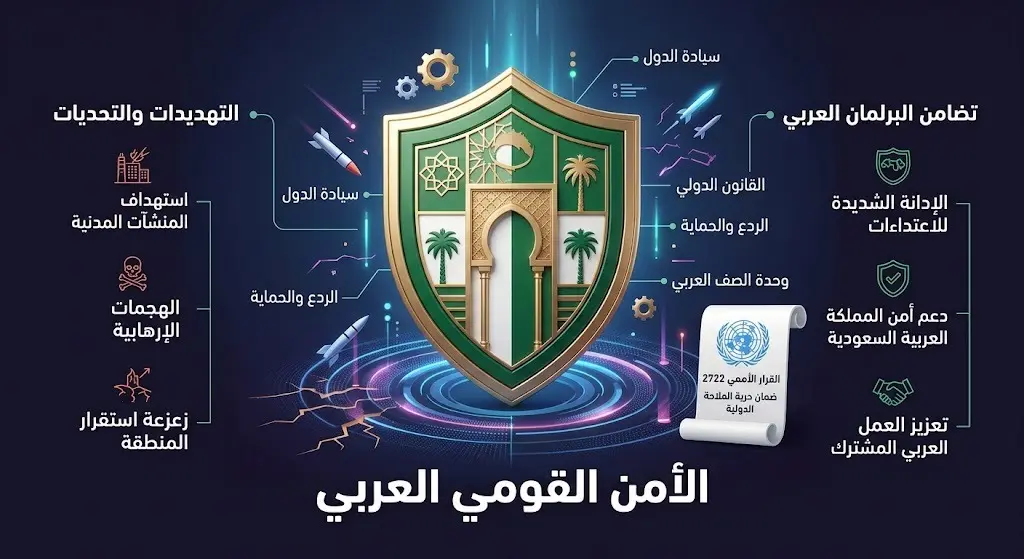 تصميم إنفوجرافيك يجسد درعاً دبلوماسياً يعبر عن التضامن العربي وحماية الملاحة مع إشارة بارزة للقرار الأممي 2722.