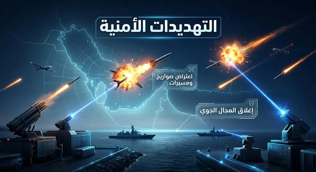 مشهد تعبيري مدعوم بإنفوجرافيك يجسد تصدي الدفاعات الجوية الكويتية للصواريخ والمسيرات، مع نصوص عربية توضح التداعيات الأمنية وإغلاق المجال الجوي.